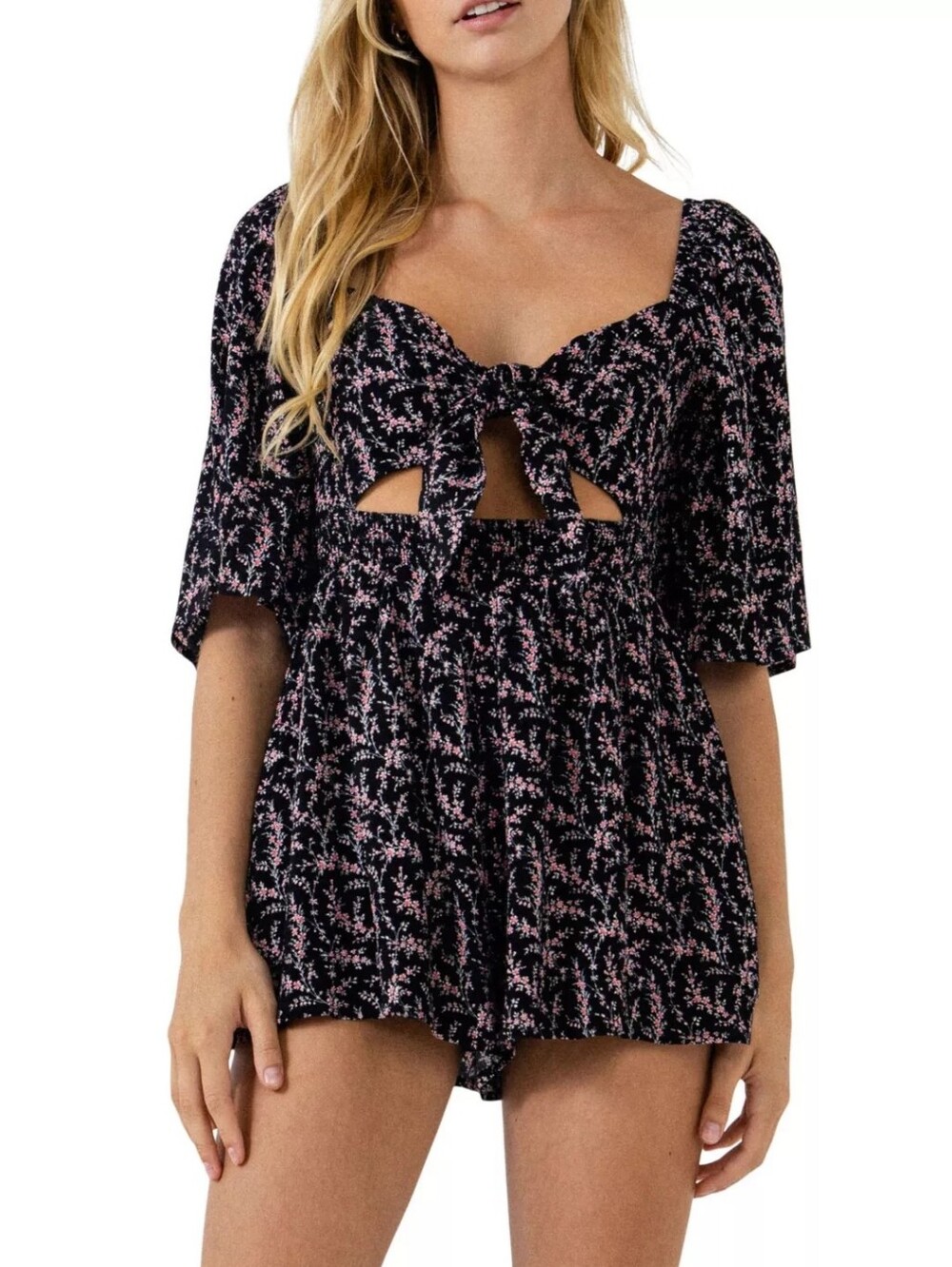 Floral Tie-Front Black and Pink Romper - Women's Top